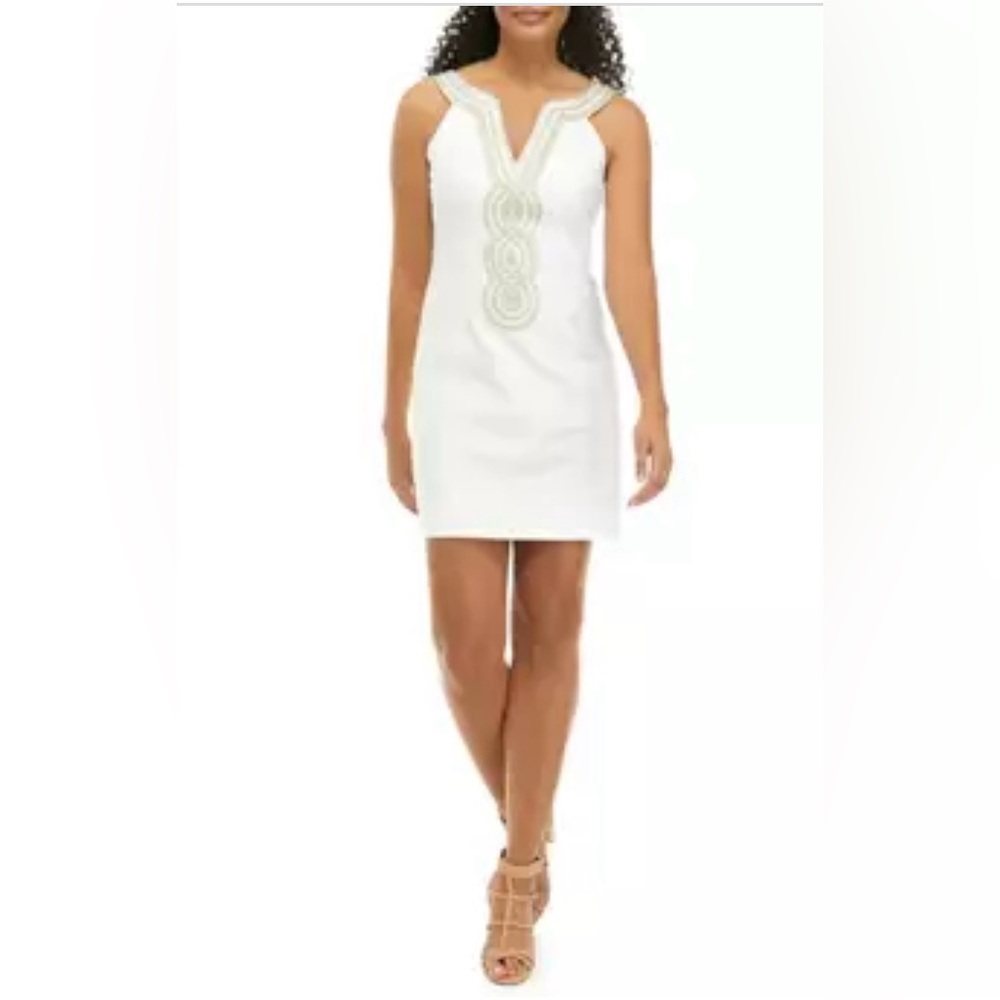 NWT Lilly Pulitzer White/Gold Embroidered Shift Dress Size L